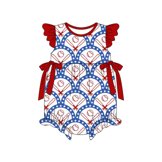 ( Moq 5 ) Preorder Baby Girls Short Sleeves Baseball Stars Red Bows 4th of July Bubble Romper