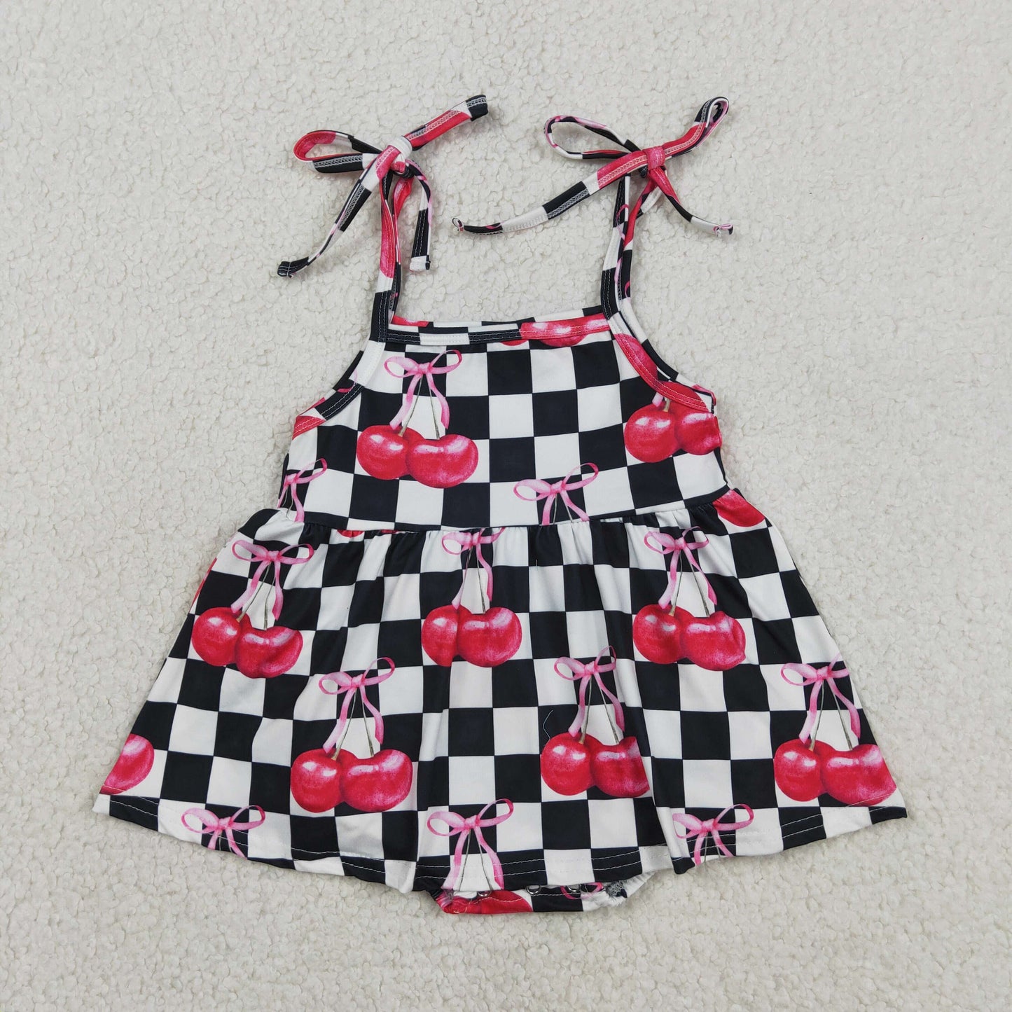 Sibling Baby Girls Kids Cherry Black Checked Romper Set Summer Clothes RTS