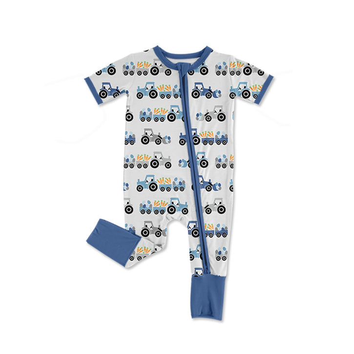 ( Moq 5 ) Preorder Baby Boys Short Sleeves Eggs Carrots Tractors Easter Zipper Romper