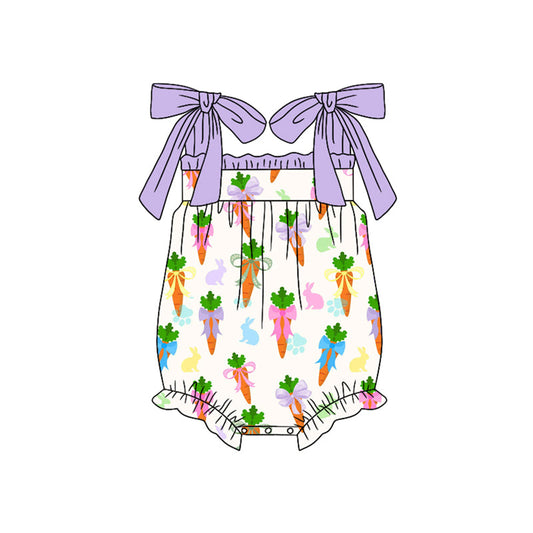 ( Moq 5 ) Preorder Baby Girls Straps Rabbits Carrots Bows Easter Bubble Romper