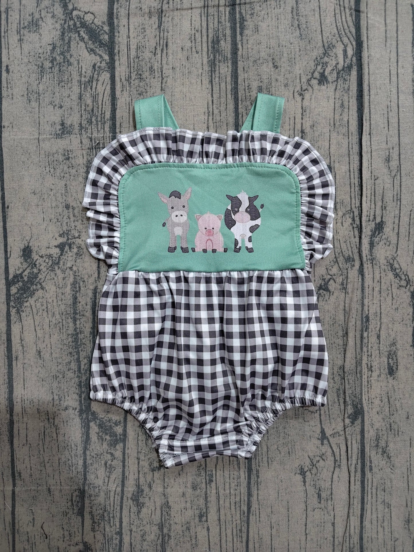 ( No moq ) Preorder Baby Girls Infant Sleeveless Farm Animals Plaid Ruffle Bubble Romper