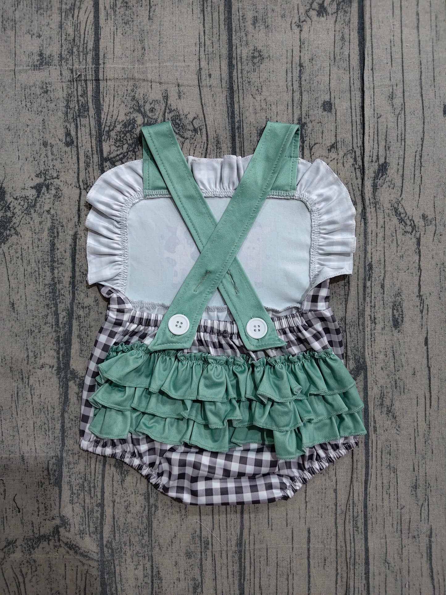 ( No moq ) Preorder Baby Girls Infant Sleeveless Farm Animals Plaid Ruffle Bubble Romper