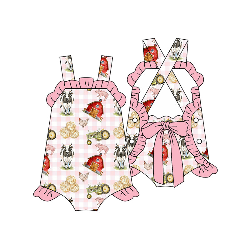 ( Moq 5 ) Preorder Baby Girls Farm Animals Pink Plaid Bows Ruffle Summer Romper