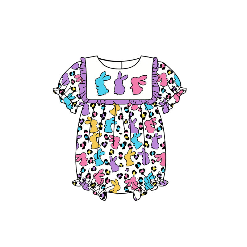 ( Moq 5 ) Preorder Baby Girls Infant Short Sleeves Rabbits Leopard Easter Bubble Romper