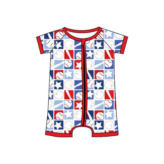 ( Moq 5 ) Preorder Baby Boys Short Sleeves Baseball Stars 4th of July Zipper Romper