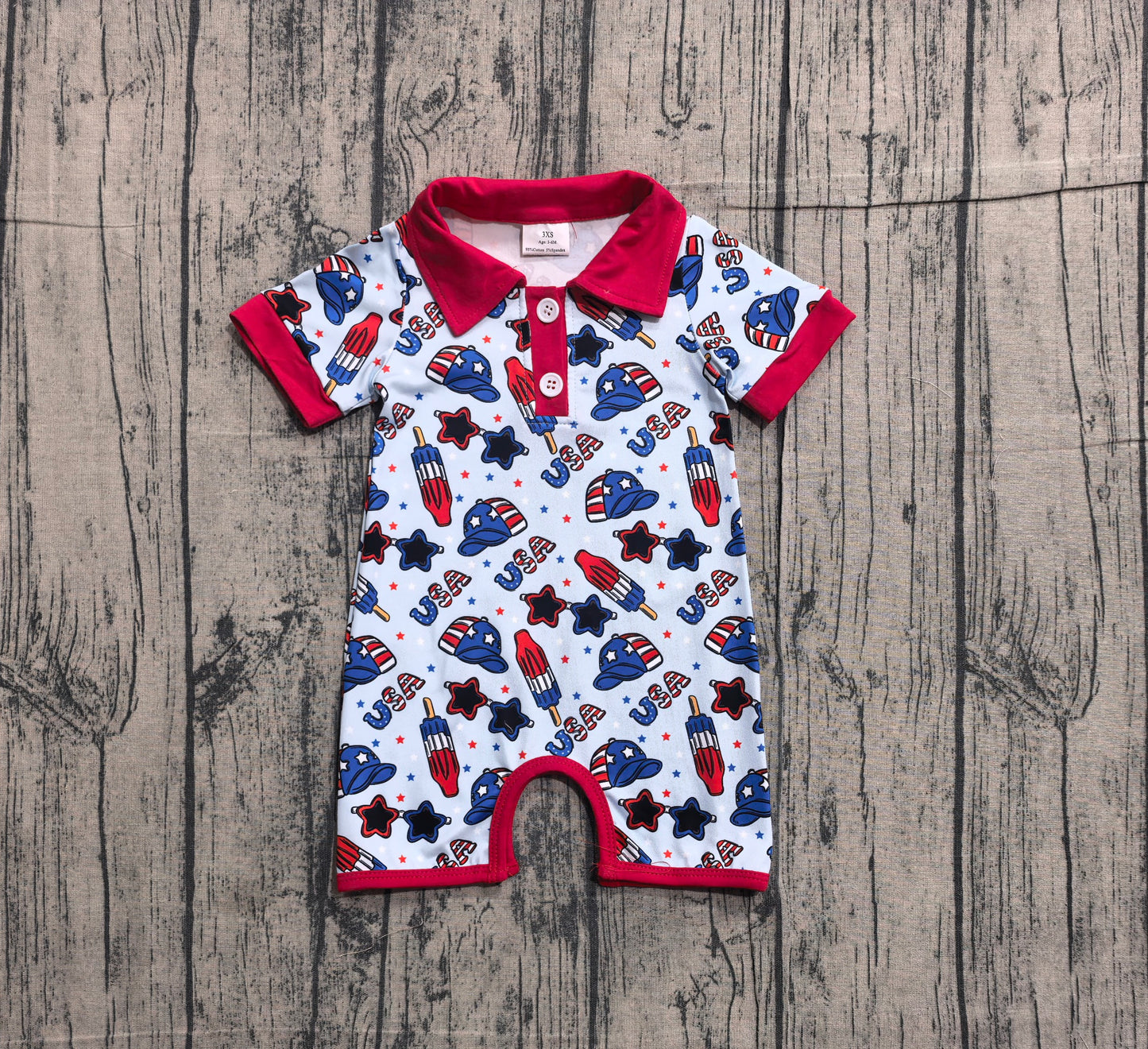 Baby Boys Short Sleeves Popsicle Stars USA 4th of July Buttons Romper RTS