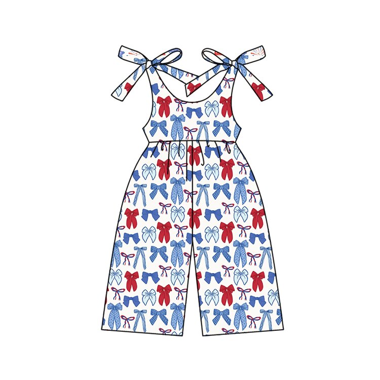 ( Moq 5 ) Preorder Baby Girls Sleeveless Red Blue Bows 4th of July Strap Jumpsuits