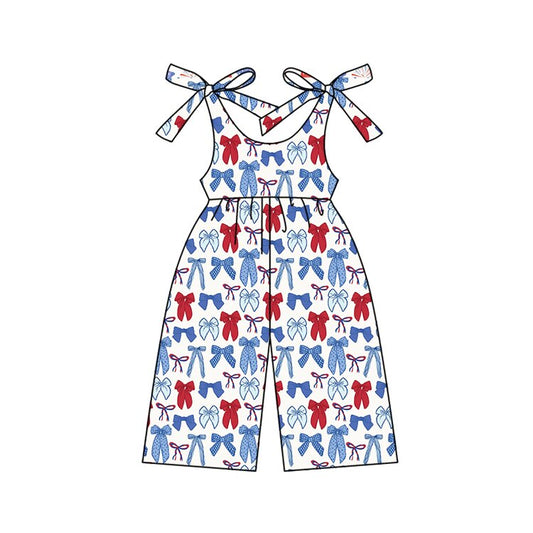 ( Moq 5 ) Preorder Baby Girls Sleeveless Red Blue Bows 4th of July Strap Jumpsuits