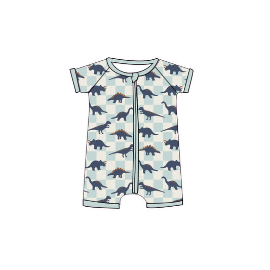 ( Moq 5 ) Preorder Baby Boys Infant Short Sleeves dinosaurs Plaid Summer Zipper Romper