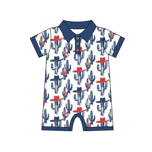 ( Moq 5 ）Preorder Baby Boys Short Sleeves Cactus Hats 4th of July Western Buttons Romper