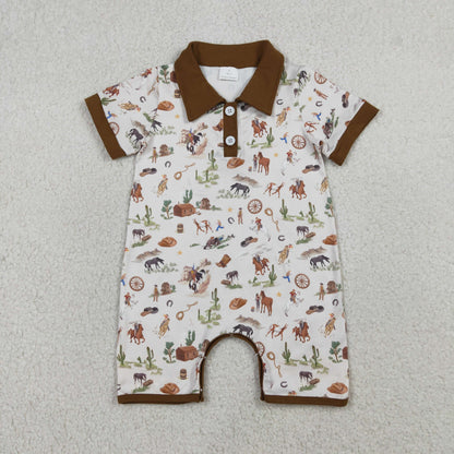 Sibling Baby Boys Kids Short Sleeves Shirt Western Rodeo Cactus Pockets Shorts Set Romper RTS