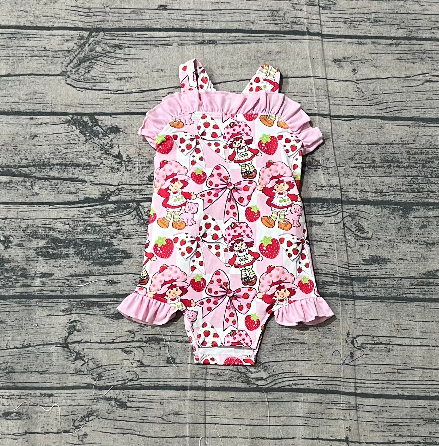 Baby Girls Infant Sleeveless Strawberry Pink Bows Ruffle Romper RTS