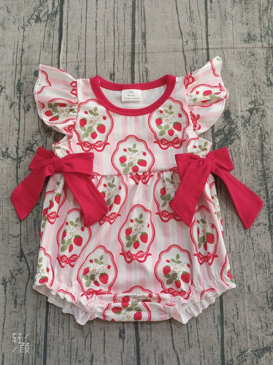 ( No moq ) Preorder Baby Girls Infant Short Sleeves Strawberry Floral Bows Bubble Romper