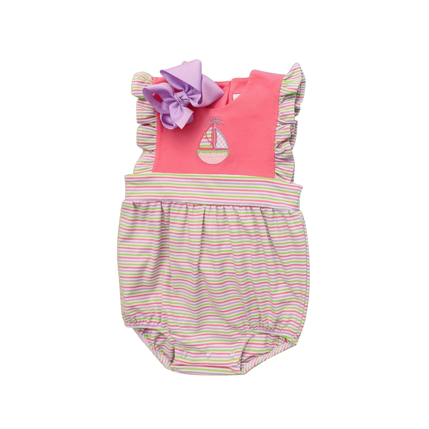 ( Moq 5 ) Preorder Baby Girls Infant Boat Stripes Ruffle Summer Bubble Romper