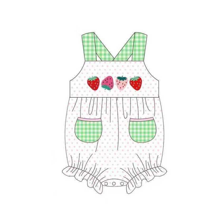( Moq 5 ) Preorder Baby Girls Kids Sleeveless Strawberry Pockets Bubble Romper