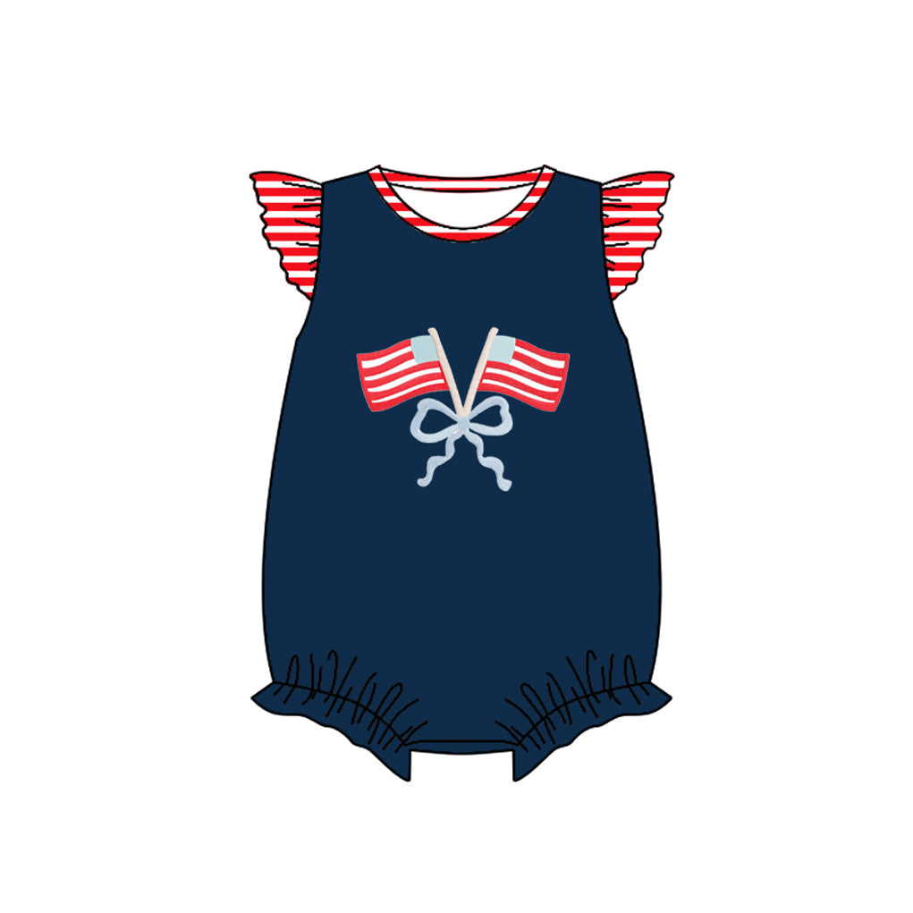 ( Moq 5 ) Preorder Baby Girls Navy Short Sleeves Flags Bows 4th of July Bubble Romper