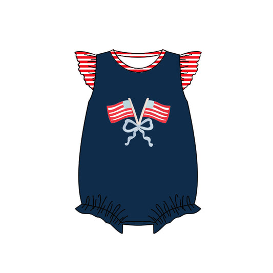 ( Moq 5 ) Preorder Baby Girls Navy Short Sleeves Flags Bows 4th of July Bubble Romper
