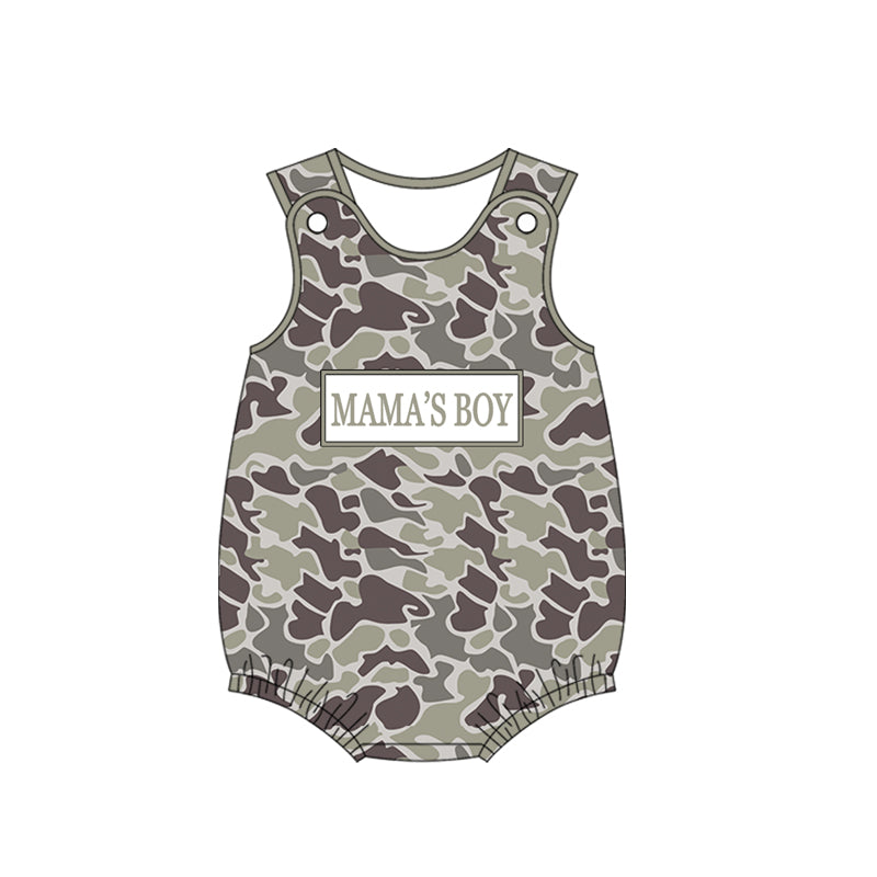 ( Moq 5 ) Preorder Baby Boys Sleeveless Mama's Boy Dark Grey Camo Bubble Romper