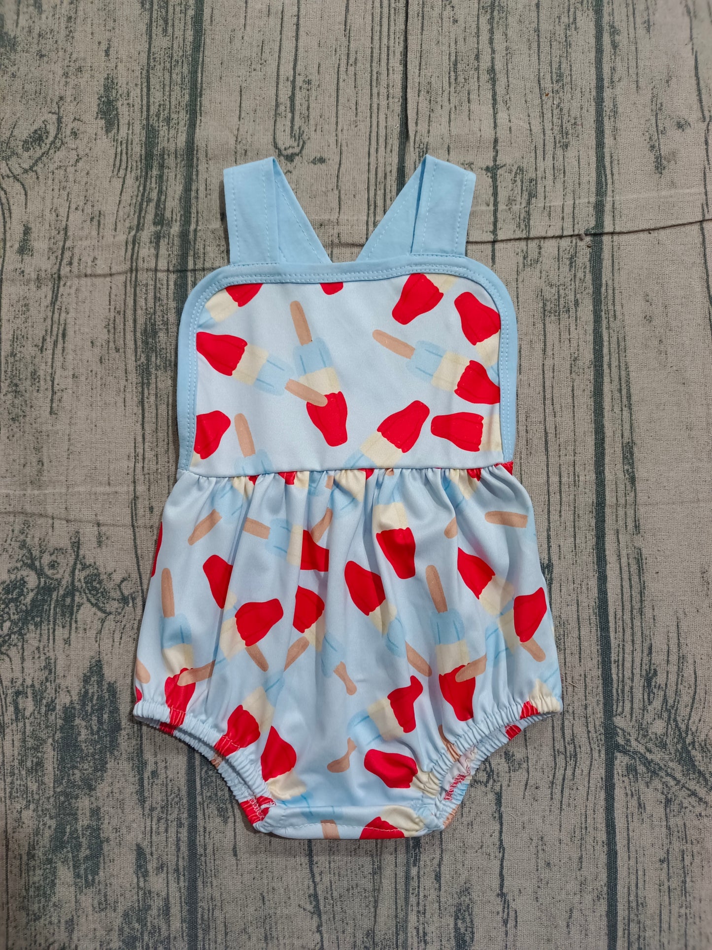 ( No moq ) Preorder Baby Girls Sleeveless Popsicles 4th of July Blue Bubble Romper