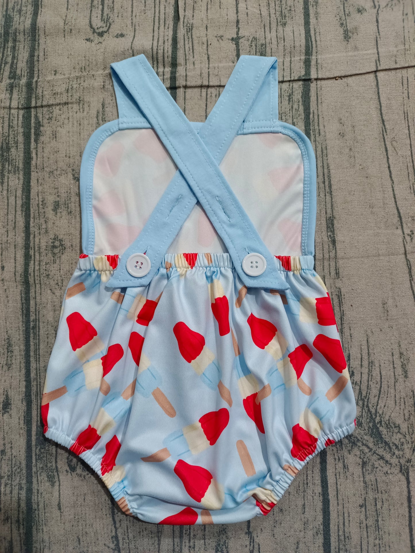 ( No moq ) Preorder Baby Girls Sleeveless Popsicles 4th of July Blue Bubble Romper