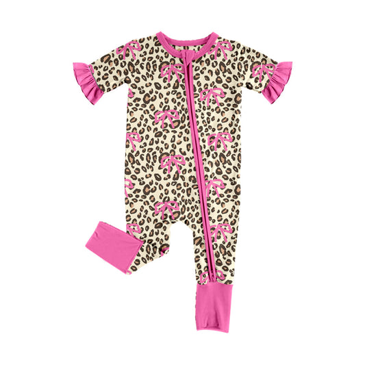( Moq 5 ) Preorder Baby Girls Kids Short Sleeves Leopard Bows Zipper Sleeper Romper