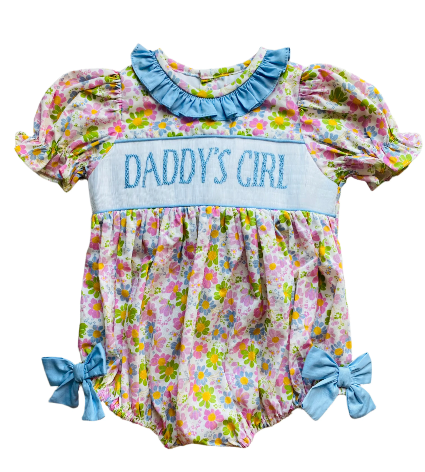 ( Moq 5 ) Preorder Baby Girls Short Sleeves Daddy's Girl Floral Blue Bows Bubble Romper