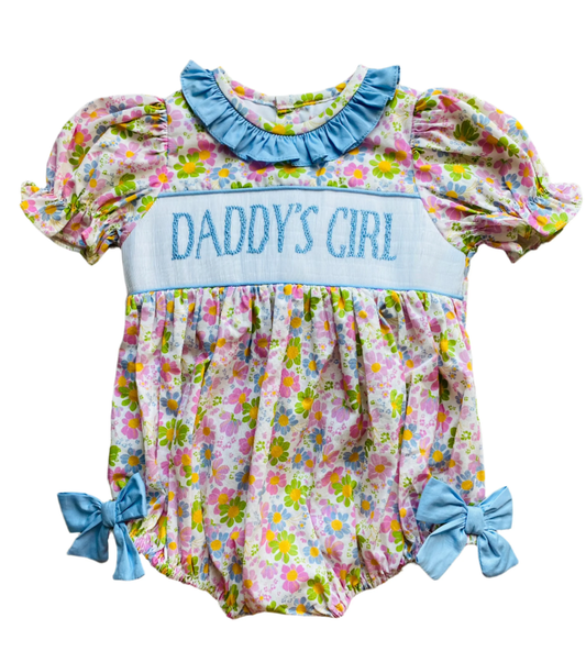 ( Moq 5 ) Preorder Baby Girls Short Sleeves Daddy's Girl Floral Blue Bows Bubble Romper