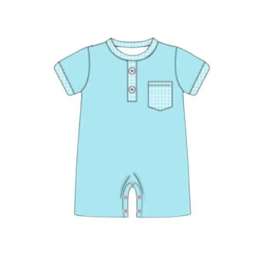 ( Moq 5 ) Preorder Baby Boys Kids Short Sleeves Pocket Buttons Blue Romper
