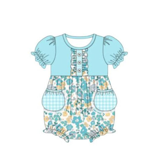 ( Moq 5 ) Preorder Baby Girls Kids Short Sleeves Flower Pockets Buttons Bubble Romper