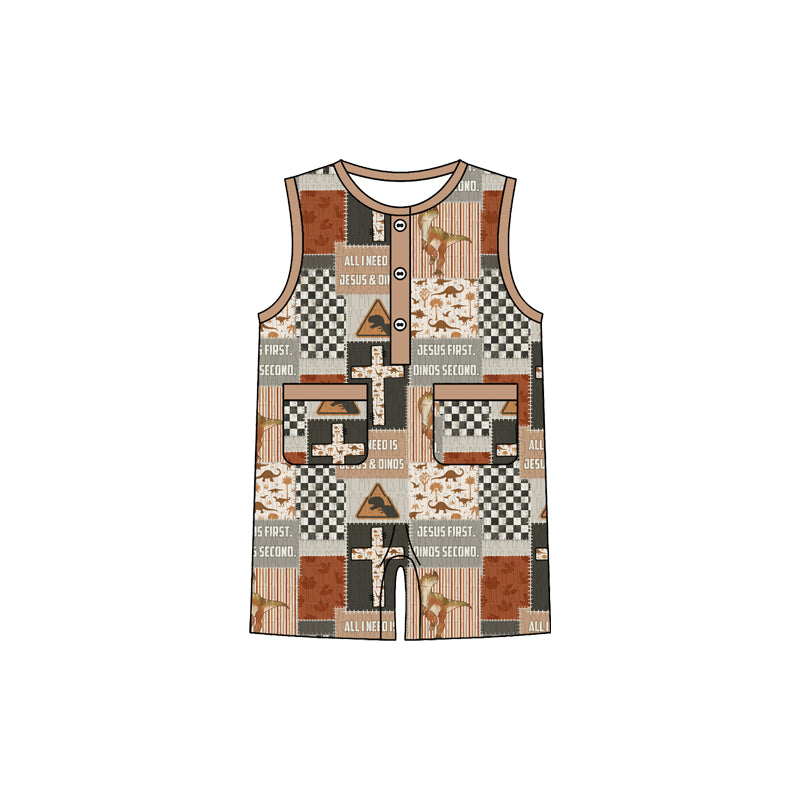 ( Moq 5 ) Preorder Baby Boys Kids Sleeveless Buttons Cross Jesus Dinosaurs Romper