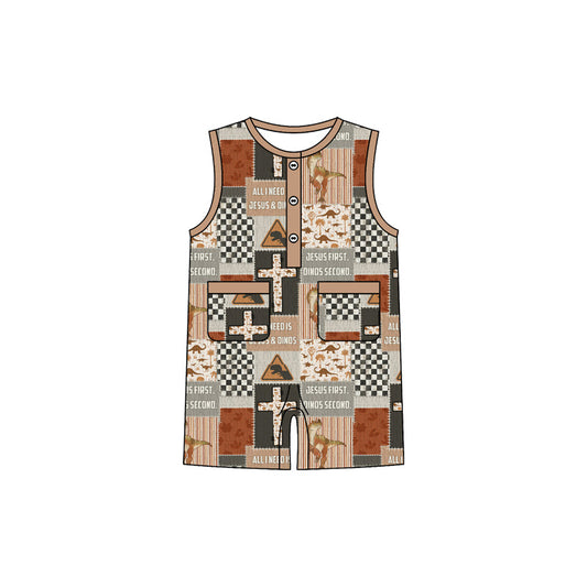 ( Moq 5 ) Preorder Baby Boys Kids Sleeveless Buttons Cross Jesus Dinosaurs Romper