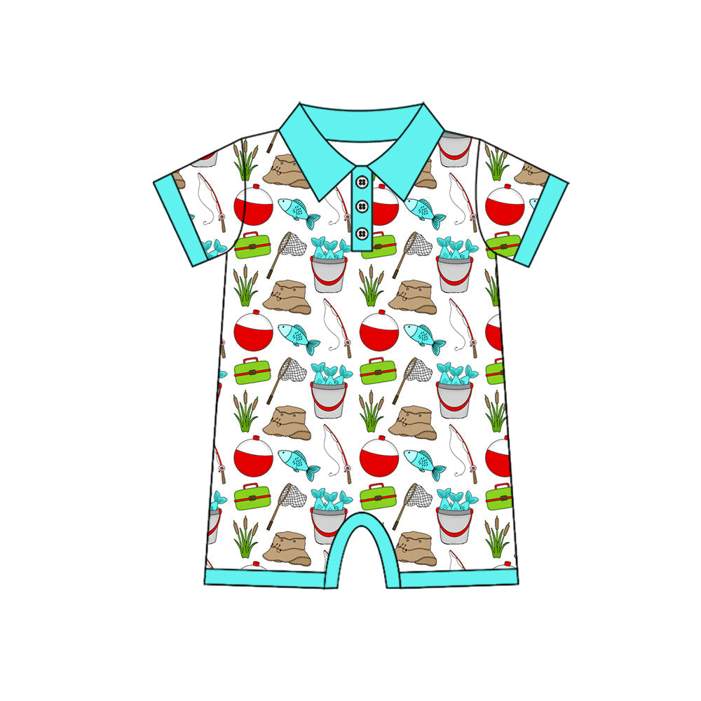 ( Moq 5 ) Preorder Baby Boys Infant Short Sleeves Fishing Buttons Romper
