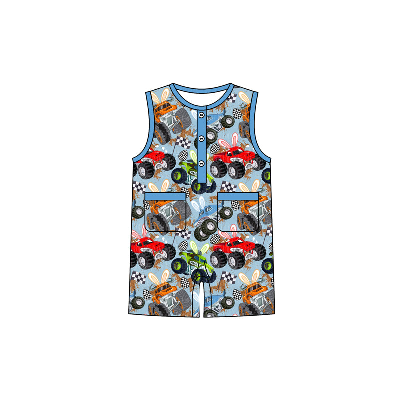 ( Moq 5 ) Preorder Baby Boys Kids Short Sleeves Trucks Rabbits Easter Buttons Pockets Romper