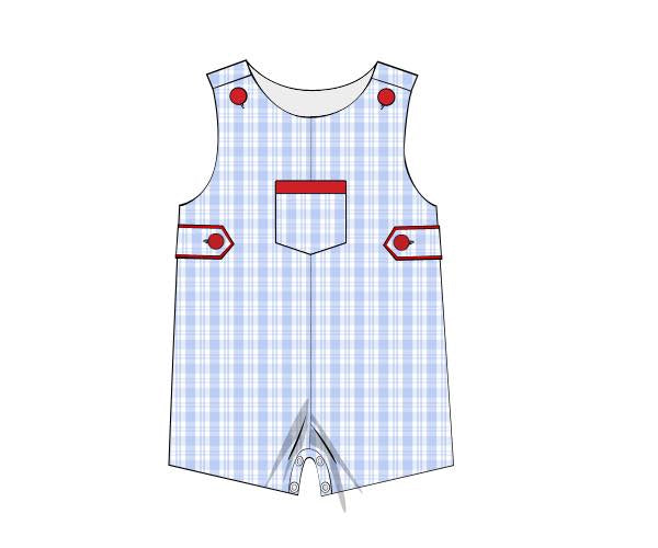 ( Moq 5 ) Preorder Baby Boys Infant Sleeveless Blue Plaid Pocket Summer Romper