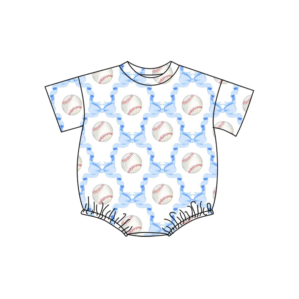 ( Moq 5 ) Preorder Baby Girls Infant Short Sleeves Baseball Blue Bows Bubble Romper