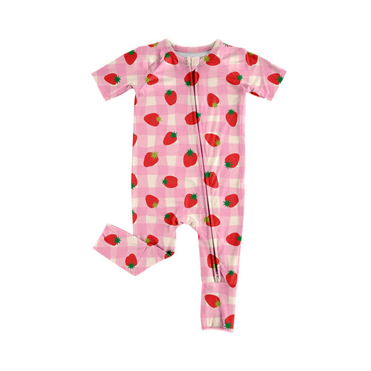 ( Moq 5 ) Preorder Baby Girls Short Sleeves Strawberry Pink Plaid Zipper Sleeper Romper