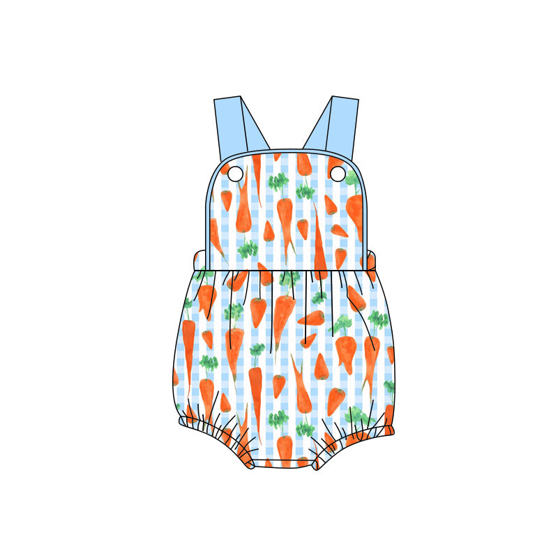 ( Moq 5 ) Preorder Baby Boys Infant Sleeveless Carrots Blue Plaid Easter Bubble Romper