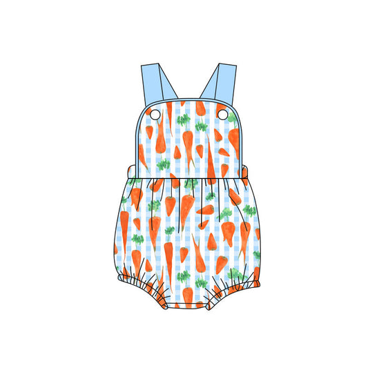 ( Moq 5 ) Preorder Baby Boys Infant Sleeveless Carrots Blue Plaid Easter Bubble Romper