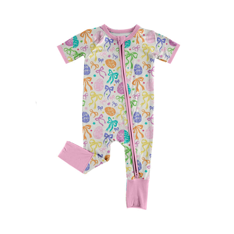 ( Moq 5 ) Preorder Baby Girls Kids Short Sleeves Eggs Bows Easter Zipper Sleeper Romper
