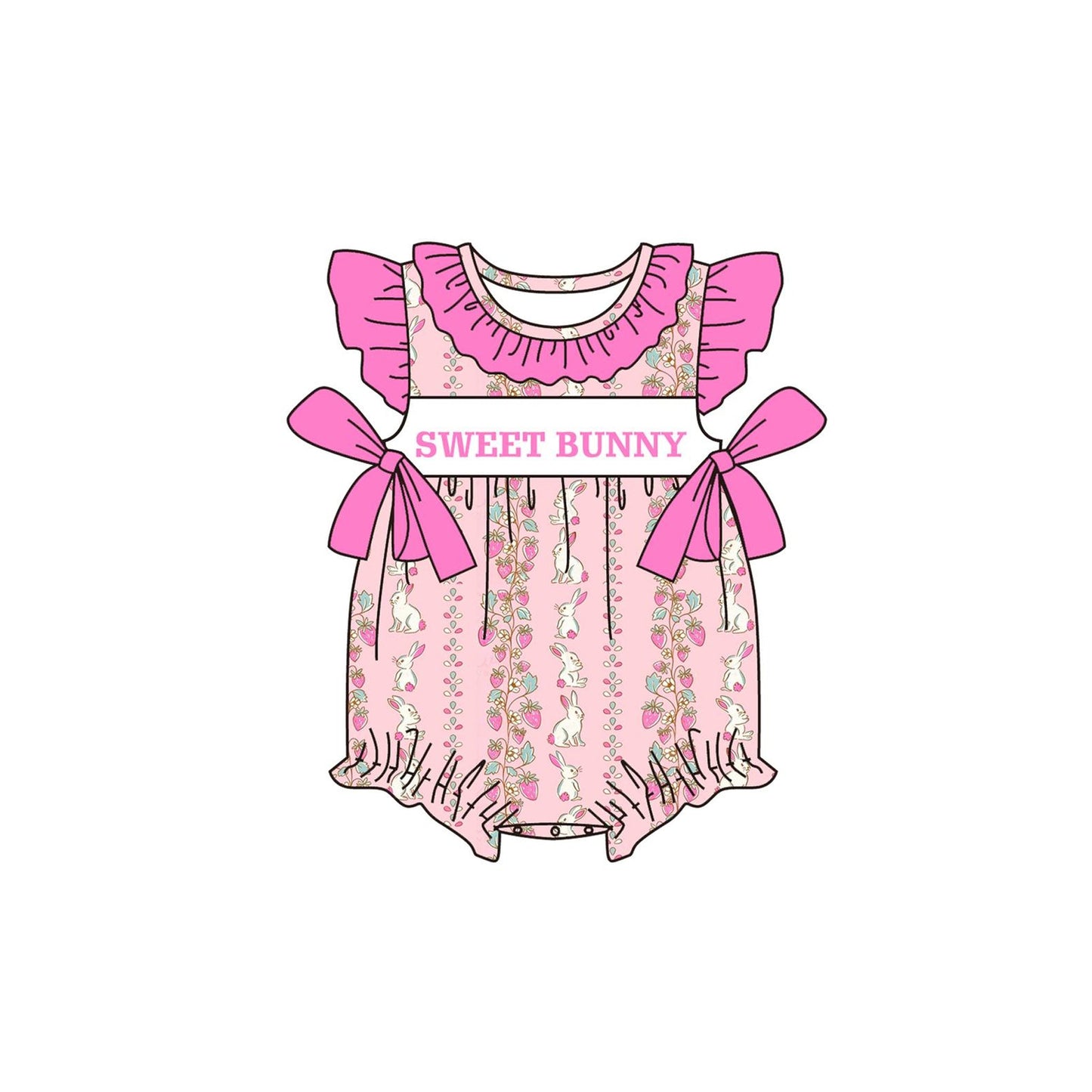 ( Moq 5 ) Preorder Baby Girls Short Sleeves Sweet Bunny Strawberry Pink Bows Easter Bubble Romper