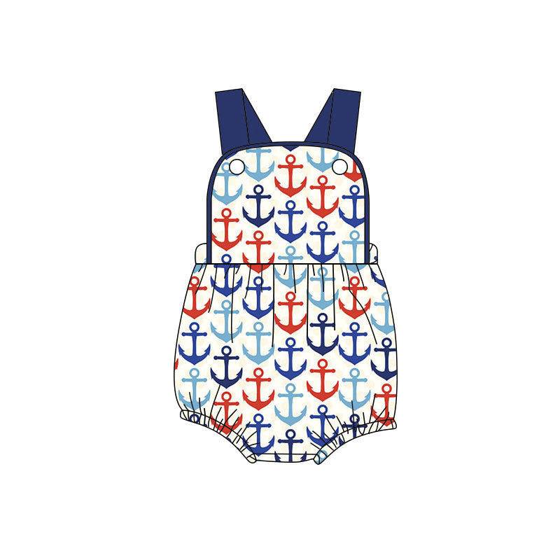 ( Moq 5 ) Preorder Baby Boys Kids Sleeveless Anchors Print 4th of July Bubble Romper
