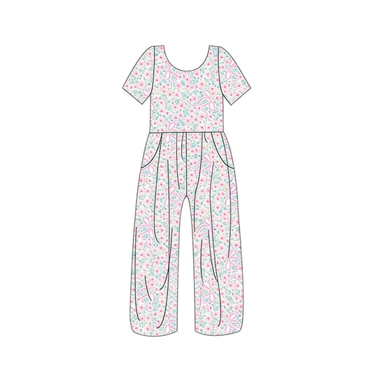 ( Moq 5 ) Preorder Baby Girls Kids Short Sleeves Floral Bows Pockets Pants Jumpsuit