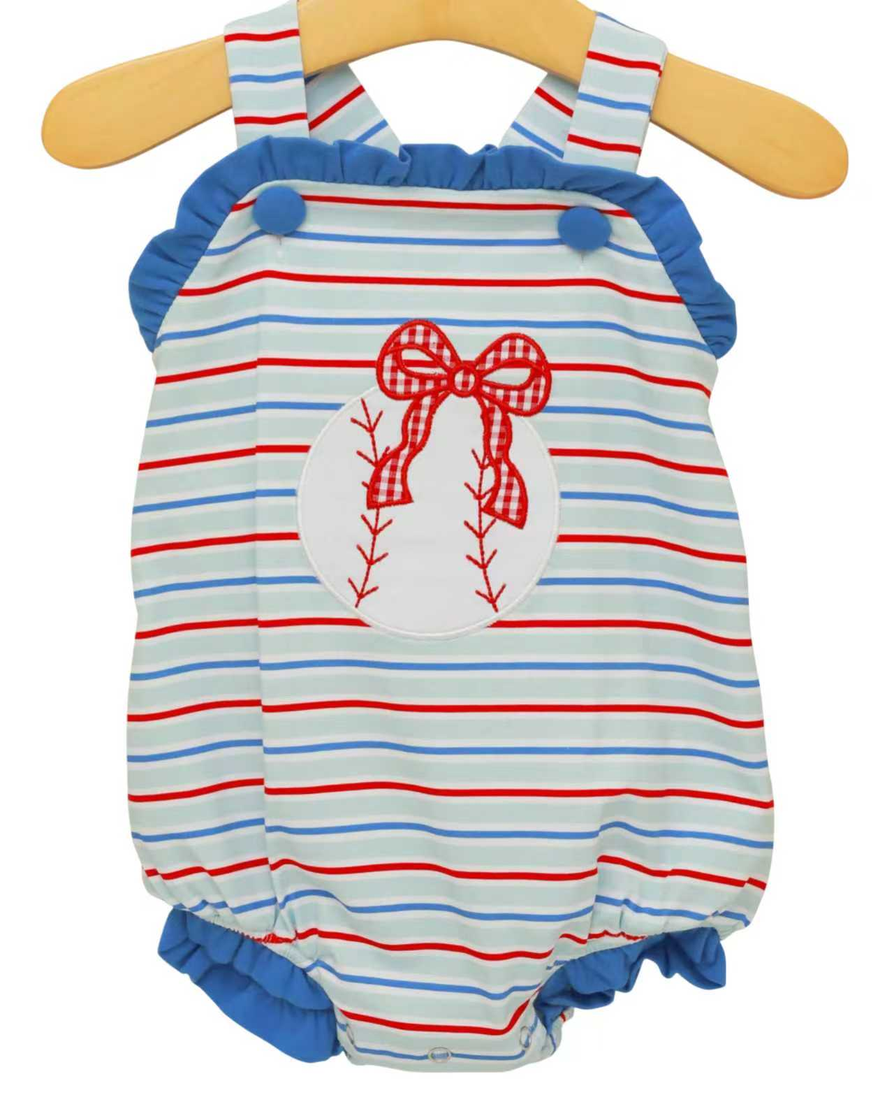( Moq 5 ) Preorder Baby Girls Infant Straps Baseball Stripes Ruffle Bubble Romper