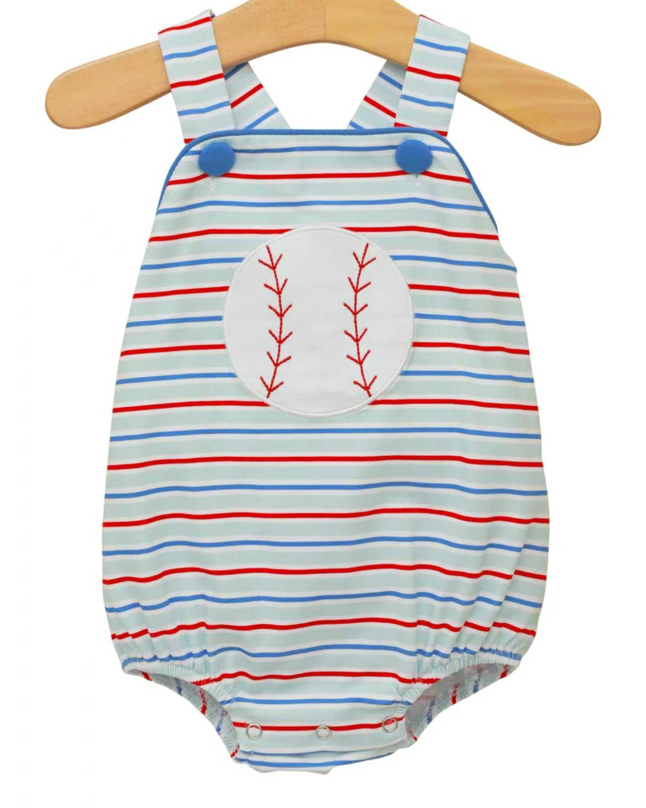 ( Moq 5 ) Preorder Baby Boys Infant Straps Baseball Stripes Summer Bubble Romper