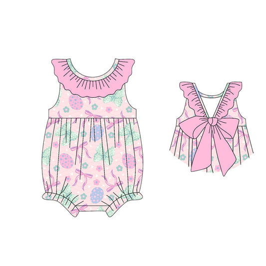 ( Moq 5 ) Preorder Baby Girls Infant Eggs Pink Bows Flower Easter Ruffle Bubble Romper