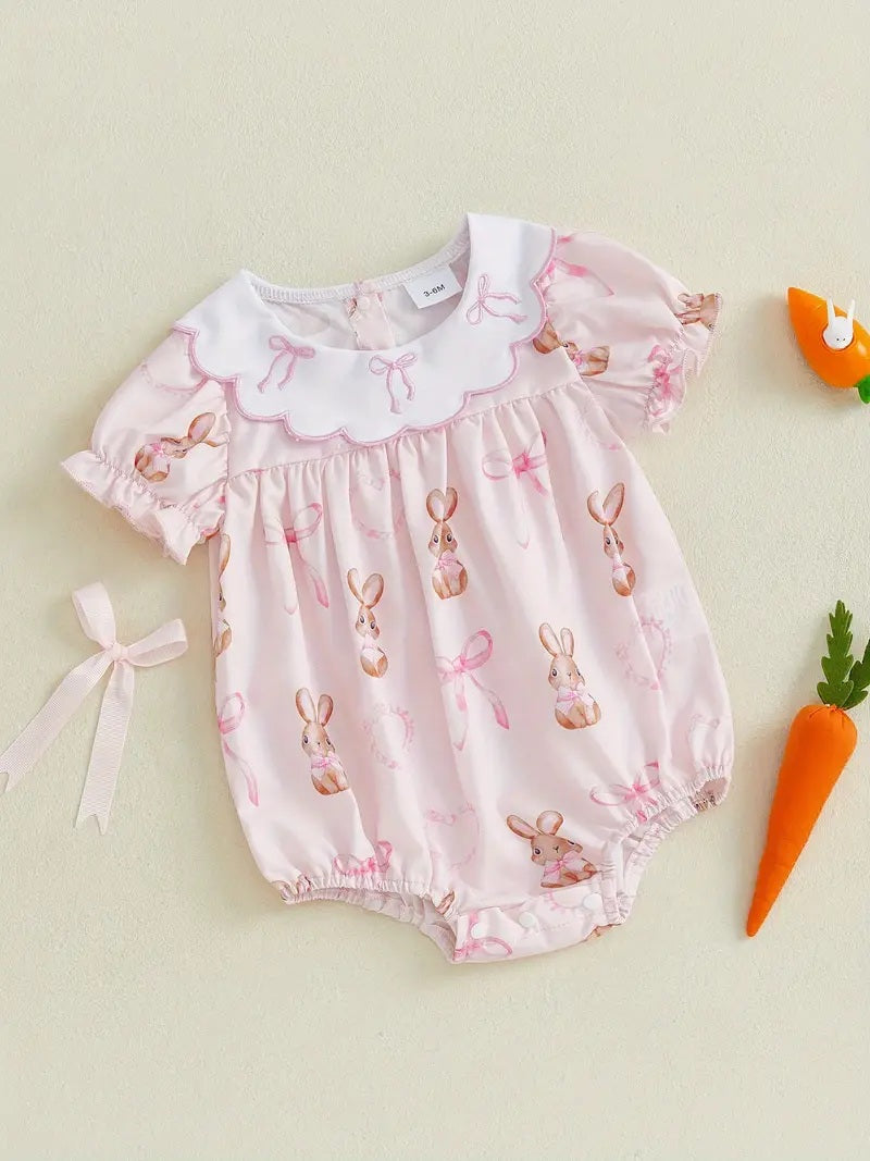 ( Moq 5 ) Preorder Baby Girls Infant Short Sleeves Rabbits Bows Easter Pink Bubble Romper