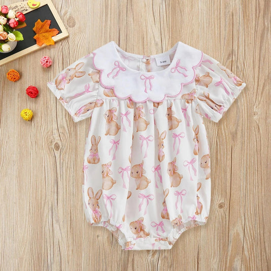 ( Moq 5 ) Preorder Baby Girls Infant Short Sleeves Rabbits Bows Easter Bubble Romper