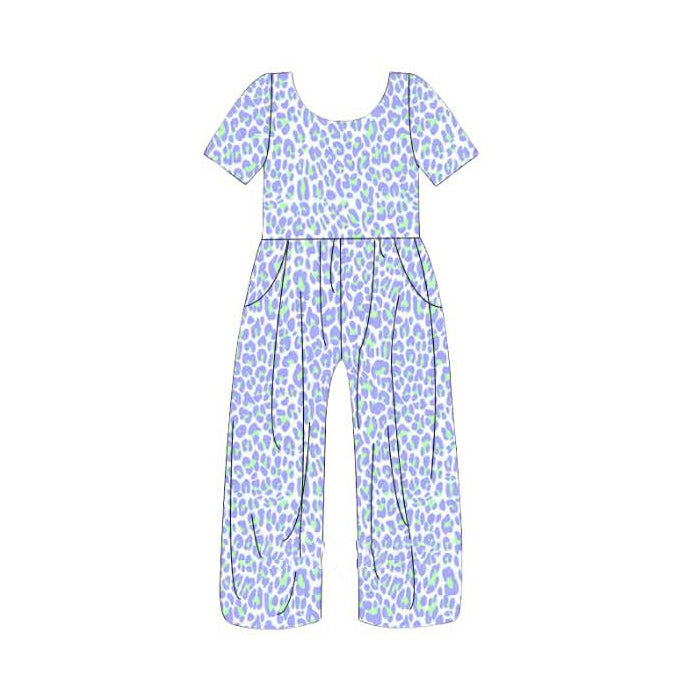 ( Moq 5 ) Preorder Baby Girls Kids Short Sleeves Leopard Pockets Pants Jumpsuit