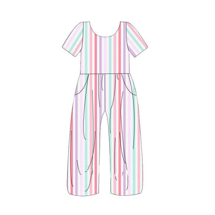 ( Moq 5 ) Preorder Baby Girls Kids Short Sleeves Colorful Stripes Pockets Pants Jumpsuit