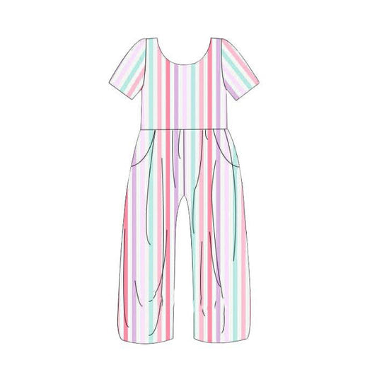 ( Moq 5 ) Preorder Baby Girls Kids Short Sleeves Colorful Stripes Pockets Pants Jumpsuit